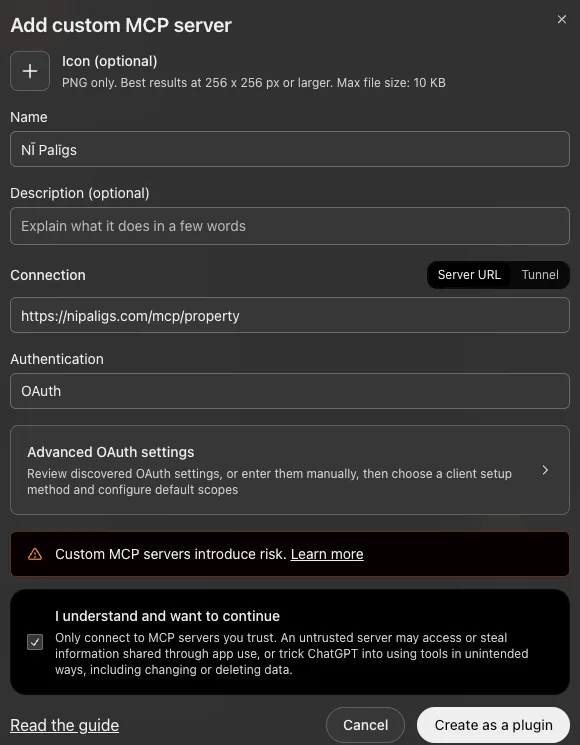 ChatGPT custom MCP server pievienošanas forma NĪ Palīgs serverim